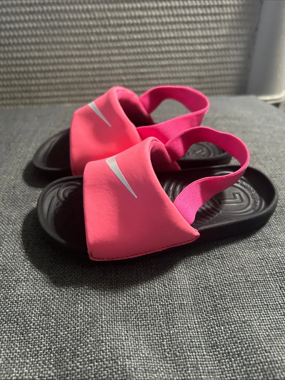 Nike Kids Hot Pink and Black Slide Sandals with White Swoosh